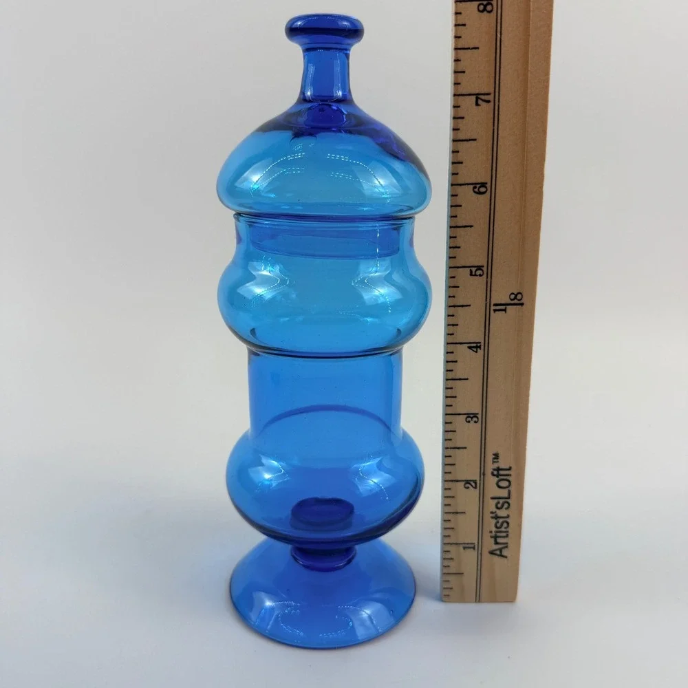 Blue Glass Apothecary Jars Mid Century Modern Lidded Candy Dishes Set of 2